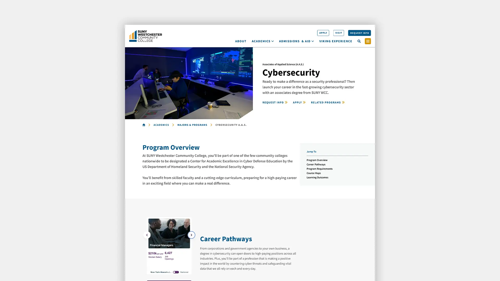 A design mockup of a Program page for the SUNY Westchester Community College website redesign.
