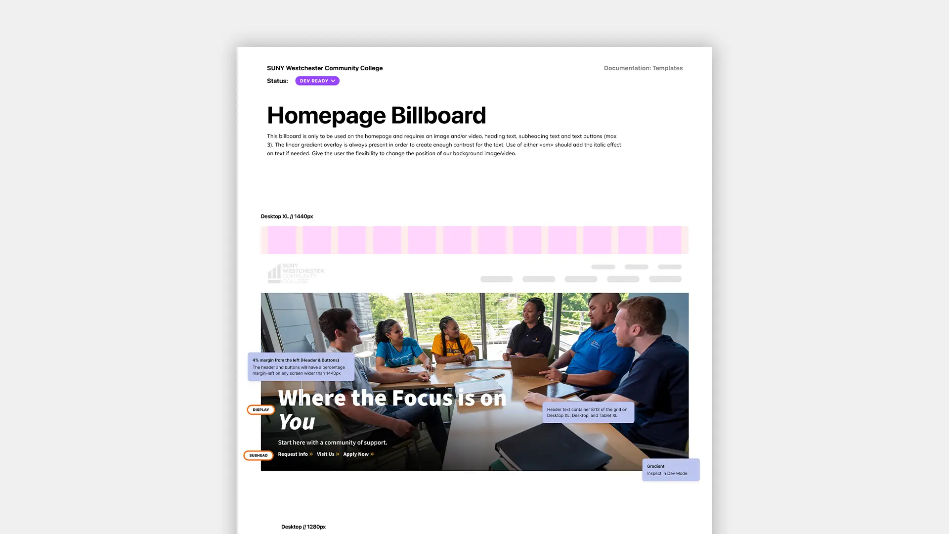 Documentation for the Homepage Billboard for the SUNY Westchester Community College website redesign.