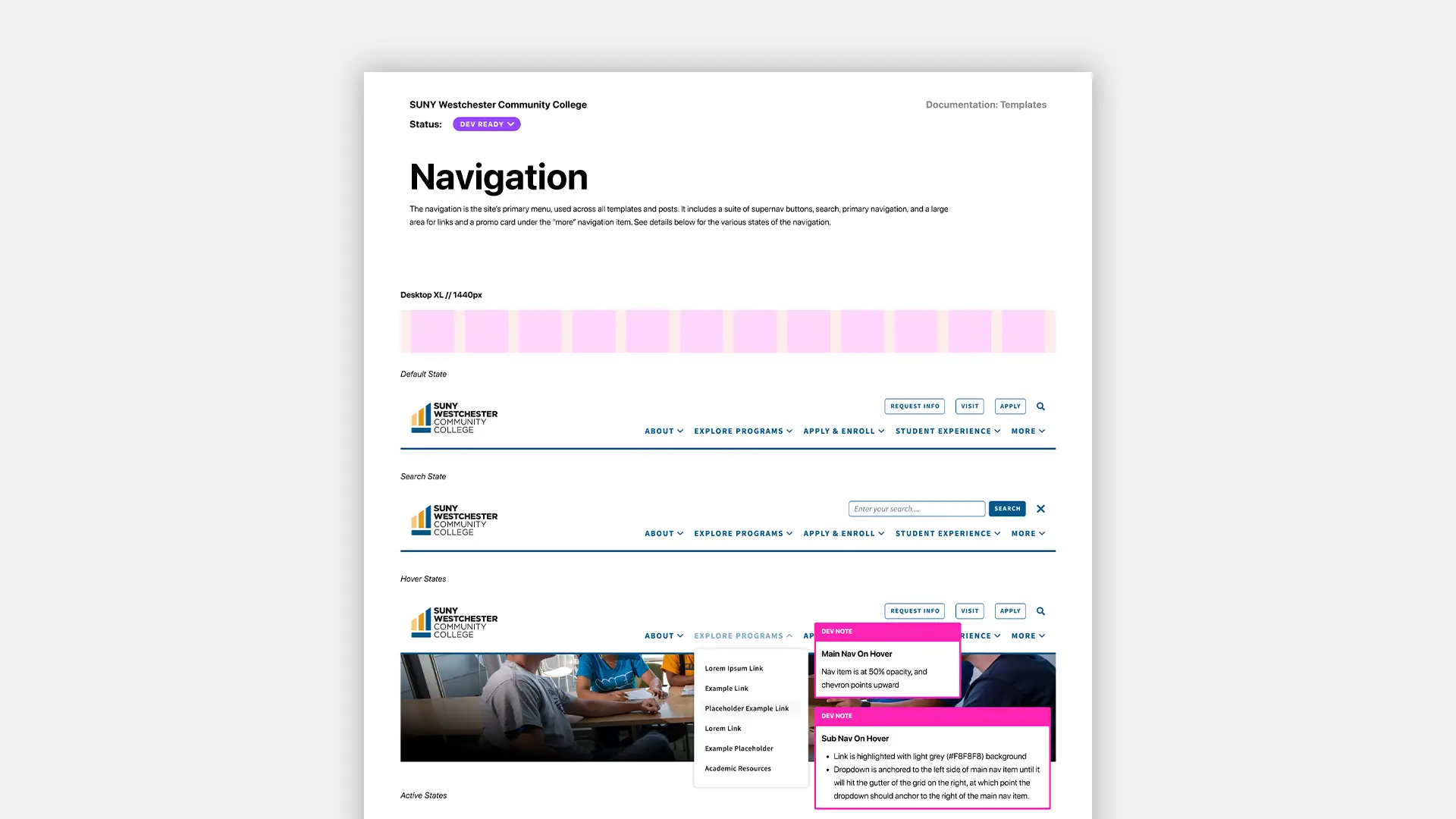 Documentation for the Primary Navigation of the SUNY Westchester Community College website redesign.