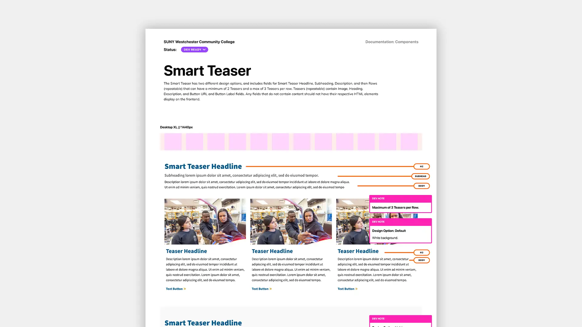 Documentation for the Smart Teaser of the SUNY Westchester Community College website redesign.