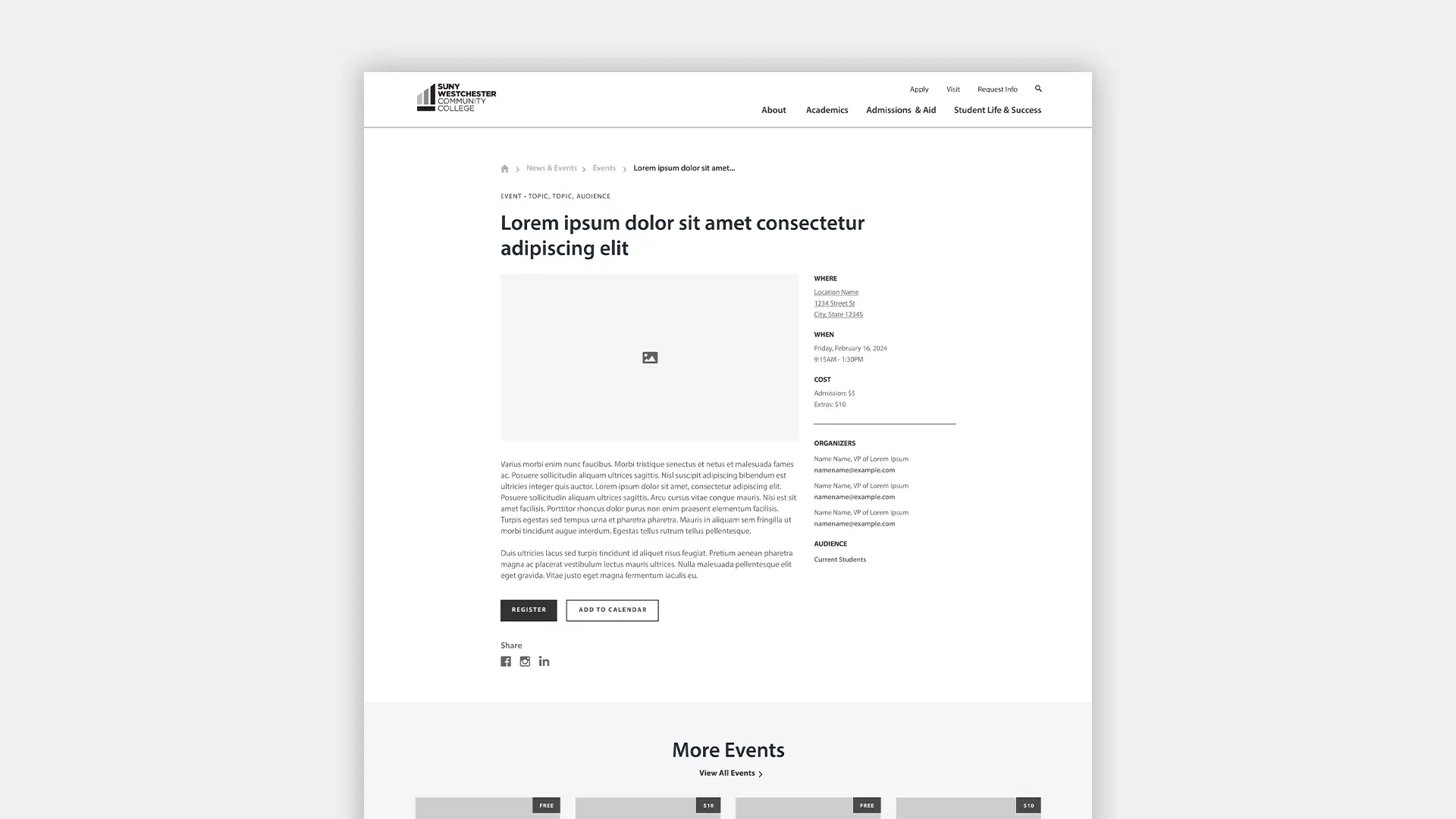 A wireframe of the Event template for the SUNY Westchester Community College website redesign.