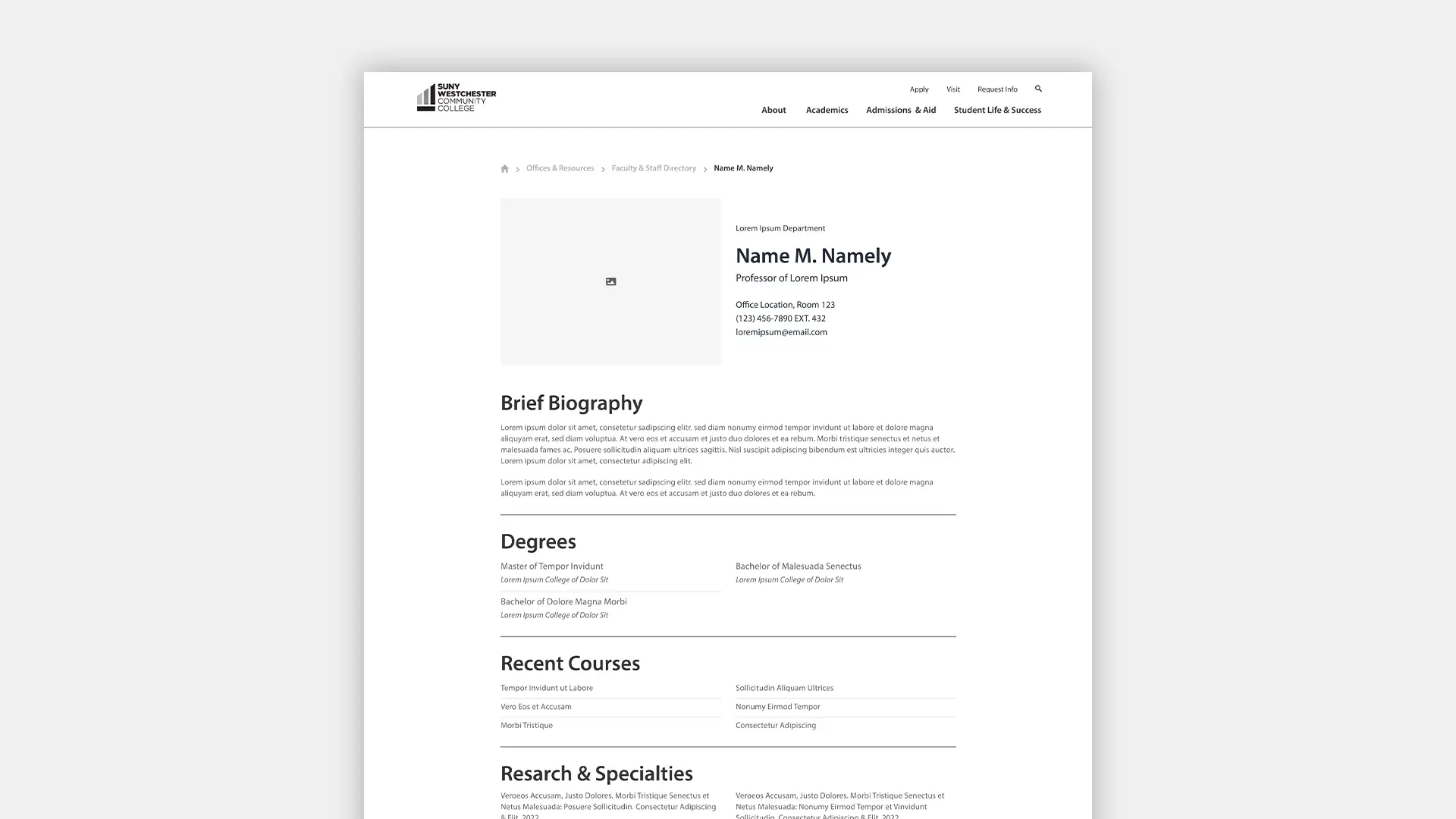 A wireframe of the Profile template for the SUNY Westchester Community College website redesign.